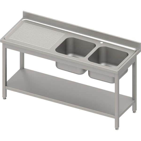 Stalas su 2 kriauklėmis (P), su lentyna 1800x700x850 mm, surenkamas, presuotas stalviršis, alavuotas kraštas 100x15x10