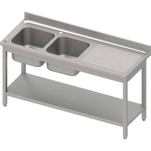 Stalas su 2 kriauklėmis (L), su lentyna 1800x700x850 mm, surenkamas, presuotas stalviršis, alavuotas kraštas 100x15x10
