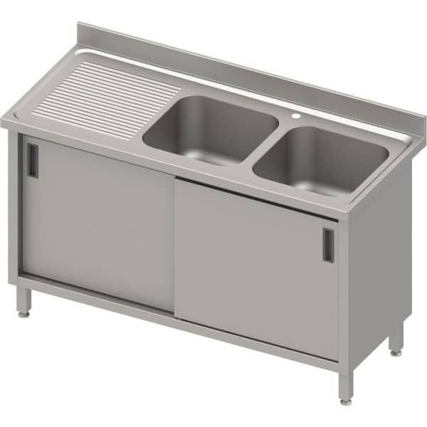 Stalas su 2 dubenų kriaukle (P), stumdomos durelės 1600x600x850 mm, presuotas stalviršis, alavuotas kraštas 100x15x10