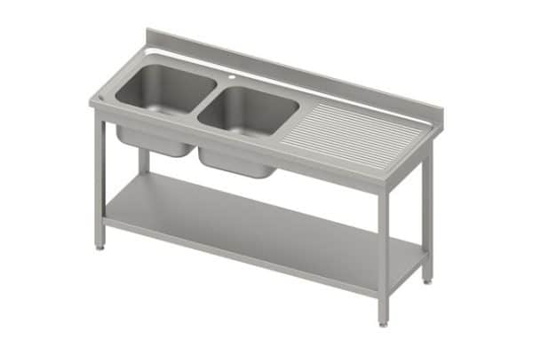 Stalas su 2 skyrių kriaukle (L), su lentyna 1800x600x850 mm, suvirintas, presuotas stalviršis, alavuotas kraštas 100x15x10
