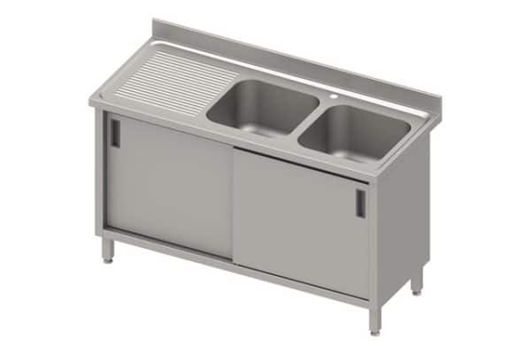 Stalas su 2 kriauklėmis (P), stumdomos durelės 1800x600x850 mm, presuotas stalviršis, alavuotas kraštas 100x15x10