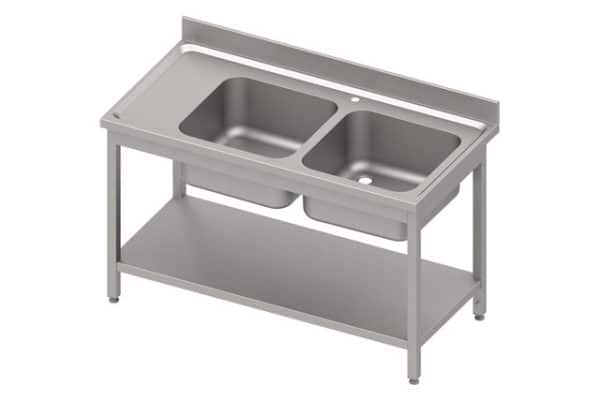 Stalas su 2 kriauklėmis (P), su lentyna 1400x700x850 mm, suvirintas, presuotas stalviršis, alavuotas kraštas 100x15x10