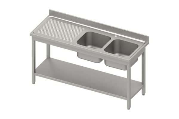 Stalas su 2 kriauklėmis (P), su lentyna 1800x600x850 mm, suvirintas, presuotas stalviršis, alavuotas kraštas 100x15x10